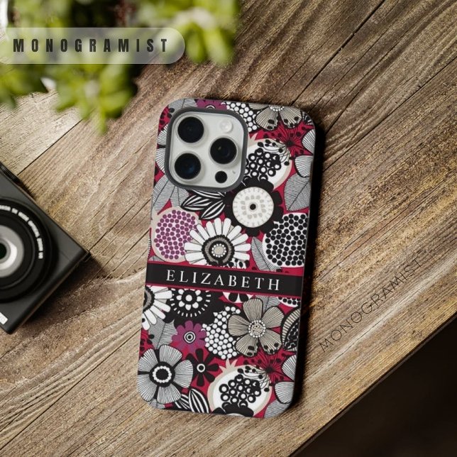 Coque iPhone Fleurs florales blanches-rouges personnalisables (Customizable White Black Red Floral Flowers iPhone Case)