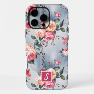 Coque iPhone 16 Pro Max Fleurs monogrammes roses et pêche