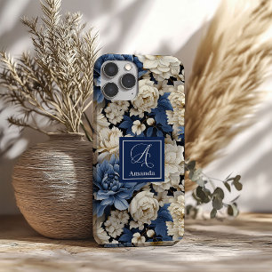 Coque iPhone Fleurs Navy Bleu Floral Élégant