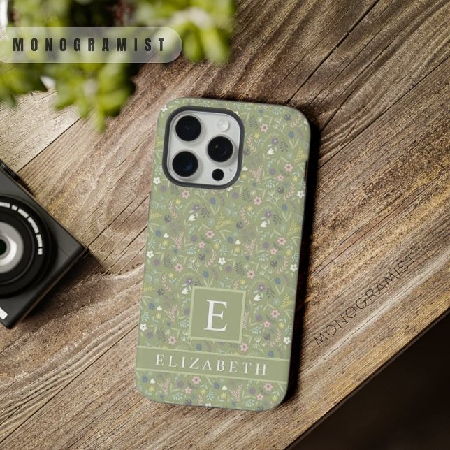 Coque iPhone Fleurs roses blanches florales en vert olive sur m (Custom Sage Olive Green Floral White Pink Flowers iPhone Case)