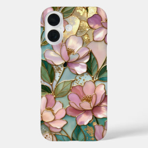 Coque iPhone Fleurs Roses Motif Vitrail Doré