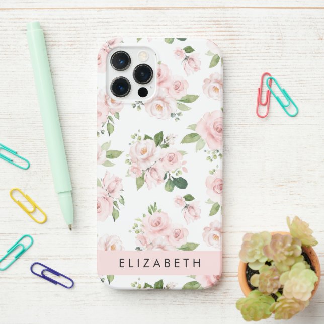 Coque iPhone Fleurs roses, Roses, Fleurs Aquarelles, Votre Nom (Sur le bureau)