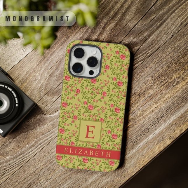 Coque iPhone Fleurs roses roses florales vert olive personnalis (Customizable Olive Green Floral Pink Rose Flowers iPhone Case)