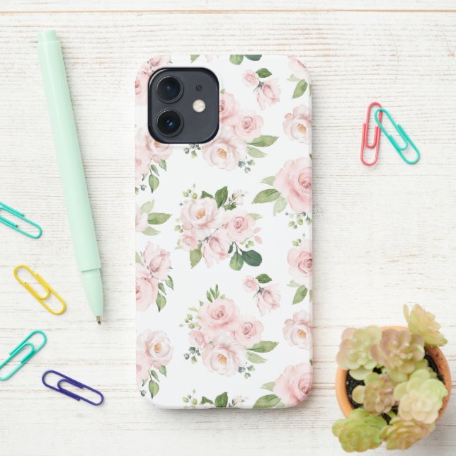 Coque iPhone Fleurs roses, Roses roses, Fleurs Aquarelles (Sur le bureau)