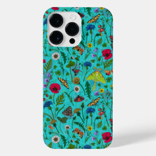 Coque Pour Pour iPhone 14 Pro Max Fleurs sauvages et papillons de nuit sur turquoise