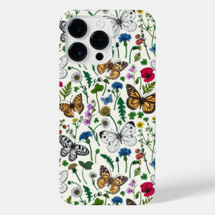 Coque Pour Pour iPhone 14 Pro Max Fleurs sauvages et papillons sur blanc