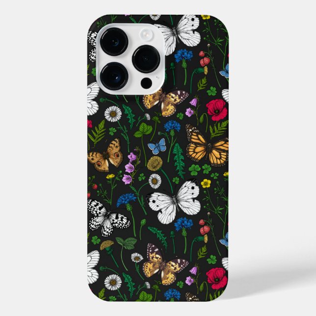 Coque iPhone Fleurs sauvages et papillons sur le noir (Verso)