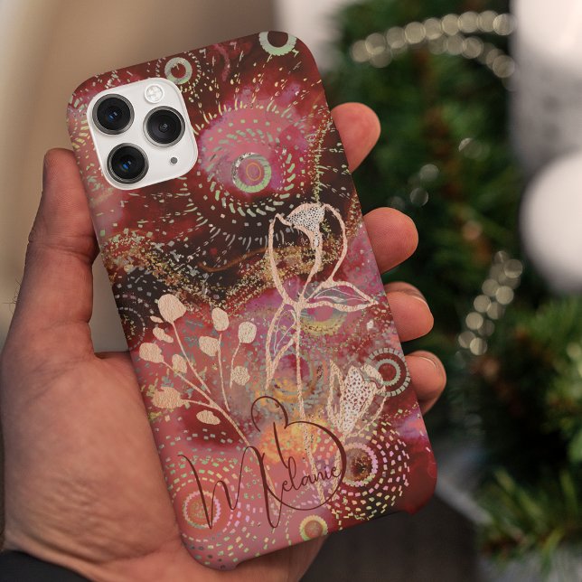 Coque iPhone Fleurs sur les cercles rouge-or design (Créateur téléchargé)