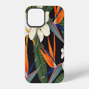 Coque iPhone 12 Fleurs tropicales, fond sombre, floral sans coutur