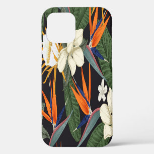 Coque iPhone 12 Fleurs tropicales, fond sombre, floral sans coutur