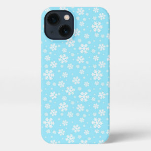 Etui iPhone 13 Flocons blancs sur motif d'hiver bleu clair