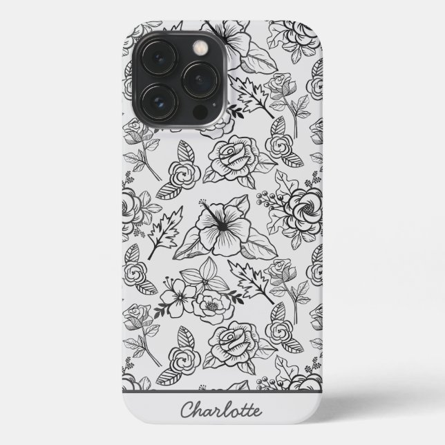 Coque iPhone Floral sans couture motif noir & blanc personnalis (Verso)