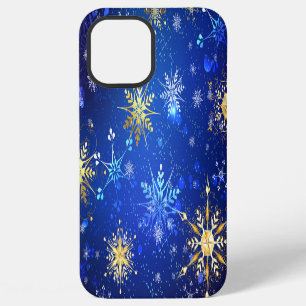 Coque iPhone 12 Pro Max Fond bleu de Noël avec flocons d'or