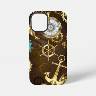 Coque iPhone 12 Mini Fond en bois avec hippocampe mécanique