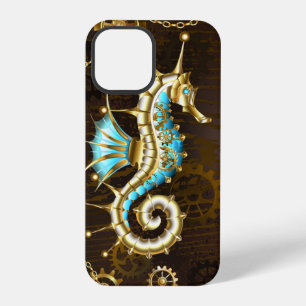 Coque iPhone 12 Pro Fond en bois avec hippocampe mécanique