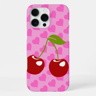 Coque iPhone 16 Pro Max Fond rose avec coeurs rouges et deux cerises 