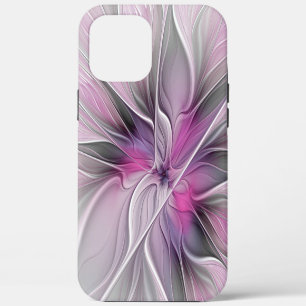 Coque iPhone 12 Pro Max Fractal Floral Moderne Abstrait Fleur Rose Gris