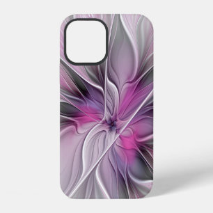 Coque iPhone 12 Fractal Floral Moderne Abstrait Fleur Rose Gris