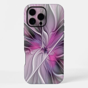 Coque iPhone 16 Pro Max Fractal Floral Moderne Abstrait Fleur Rose Gris