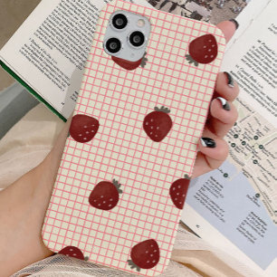 Coque iPhone 16 Pro Fraises à l'aquarelle sur grille rose - Saint-Vale