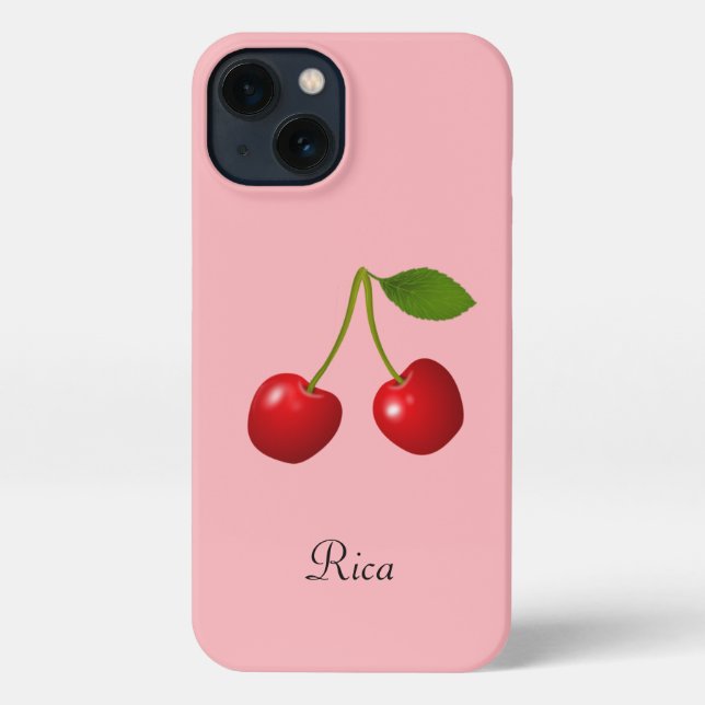 Coque iPhone Fruits cerise et nom sur rose pâle (Verso)