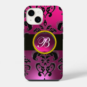 Coque Pour iPhone 14 FUCHSIA ROSSE NOIR DAMAS MONOGRAMME, Rubis Gemme