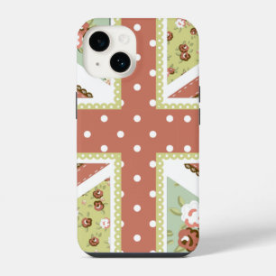 Coque Pour iPhone 14 Fun Folk Quilt British Union Jack Fleurs brunes