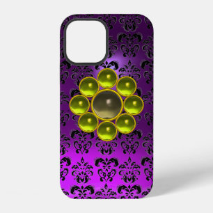 Coque iPhone 12 GEMME GRIS JAUNE MON Violet Noir Damas