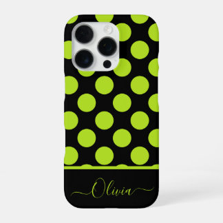 Coque iPhone 16 Pro Giant Lime Green Polka Dots on Black iPhone Case
