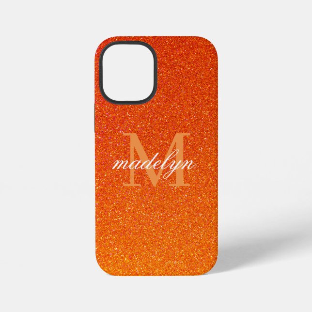Coque iPhone Girly Orange Glitter Sparkles Monogram Script Name (Verso)