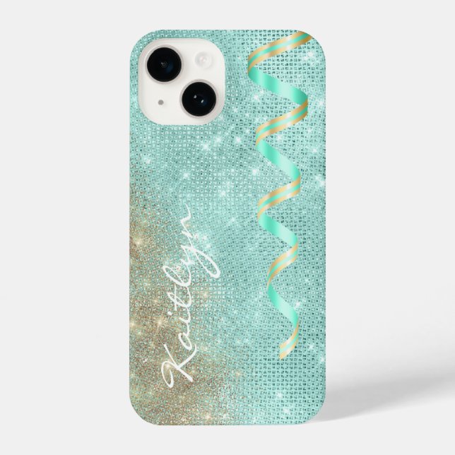Coque iPhone Glam à ruban bleu étincelle Aqua (Verso)