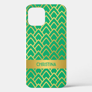 Coque iPhone 12 Gold Green Art Deco Nom géométrique personnalisé