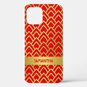 Coque iPhone 12 Gold Red Art Deco Nom géométrique personnalisé