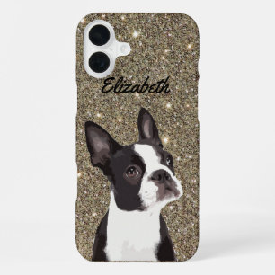 Coque iPhone 16 Plus Gold Sparkle Boston Terrier Nom Chien