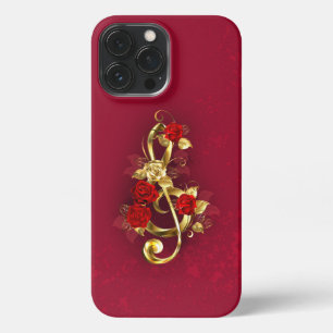 Etui iPhone 13 Pro Max Golden Treble Clef avec fleurs Roses