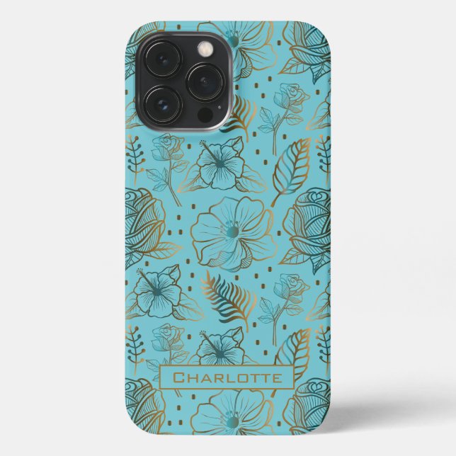 Coque iPhone Grand motif fleuri or nom personnalisé (Verso)