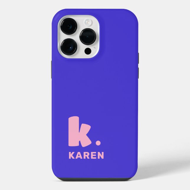 Coque iPhone Gras monogramme initial et nom bleu rose (Verso)