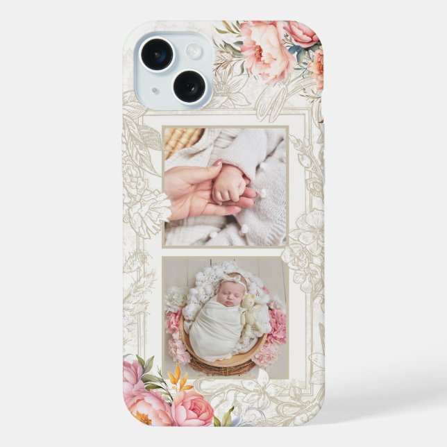 Coque iPhone Gravé rose Aquarelle Girly Floral à deux photos (Verso)