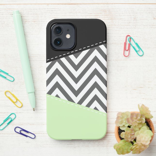 Coque iPhone Gray Zigzag, Gray Chevron, Zigzag Pattern, Mint (Sur le bureau)
