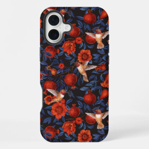 Coque iPhone 16 Plus Grenade et colibris/feuilles bleus sur noir