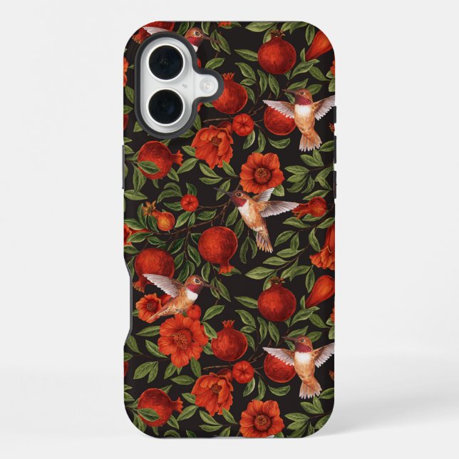 Coque iPhone Grenades et colibris/feuilles verts en noir (Verso)