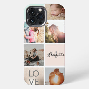 Etui iPhone 13 Pro Max grille de collage photo d'amour de monogramme rose