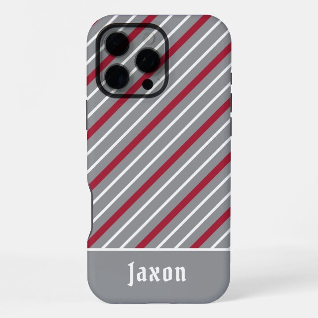 Coque iPhone Gris minimaliste avec rayures rouge foncé et blanc (Verso)