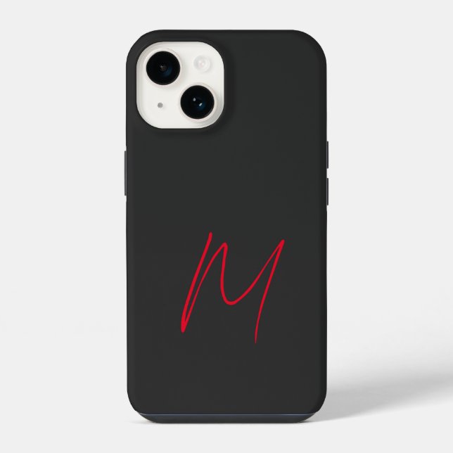 Coque iPhone Gris Noir Rouge Monogramme Script Classique (Verso)
