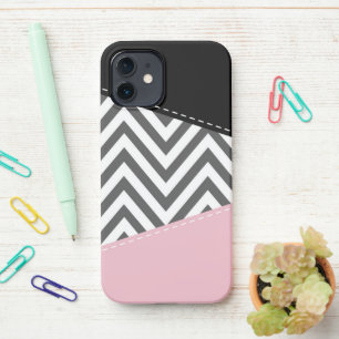 Coque iPhone 12 Gris Zigzag, Gris Chevron, Motif Zigzag, Rose