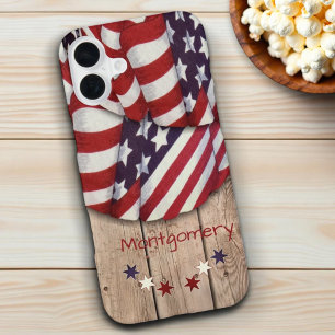Coque iPhone 16 Plus Guirlande de couleurs patriotiques USA sur une clô
