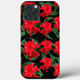 Etui iPhone 13 Pro Max Hibiscus Monstera Motif Jardinier Noir 