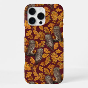 Coque iPhone 16 Pro Max Hiboux d'automne sur fond rouge foncé