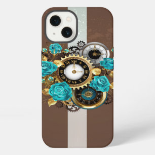 Etui iPhone 13 Horloge Steampunk et roses turquoise sur fond rayé