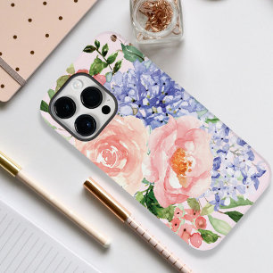 Coque Pour Pour iPhone 14 Pro Max Hortensia Fleur de Printemps Floral Rose Bleu